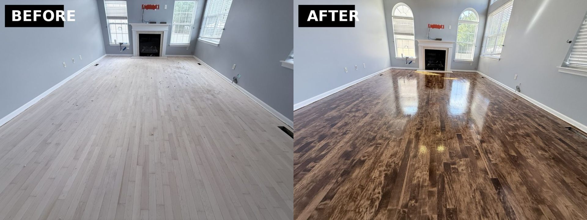 Before and after hardwood floor refinishing in living room