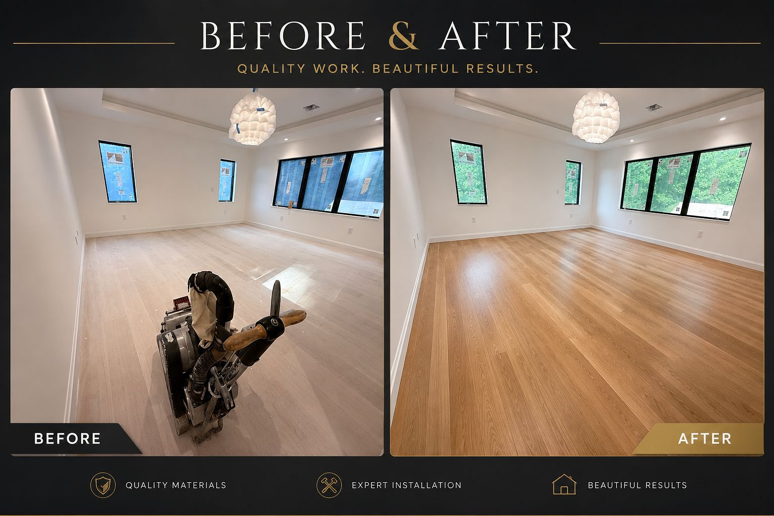 Before and after hardwood floor installation with modern lighting